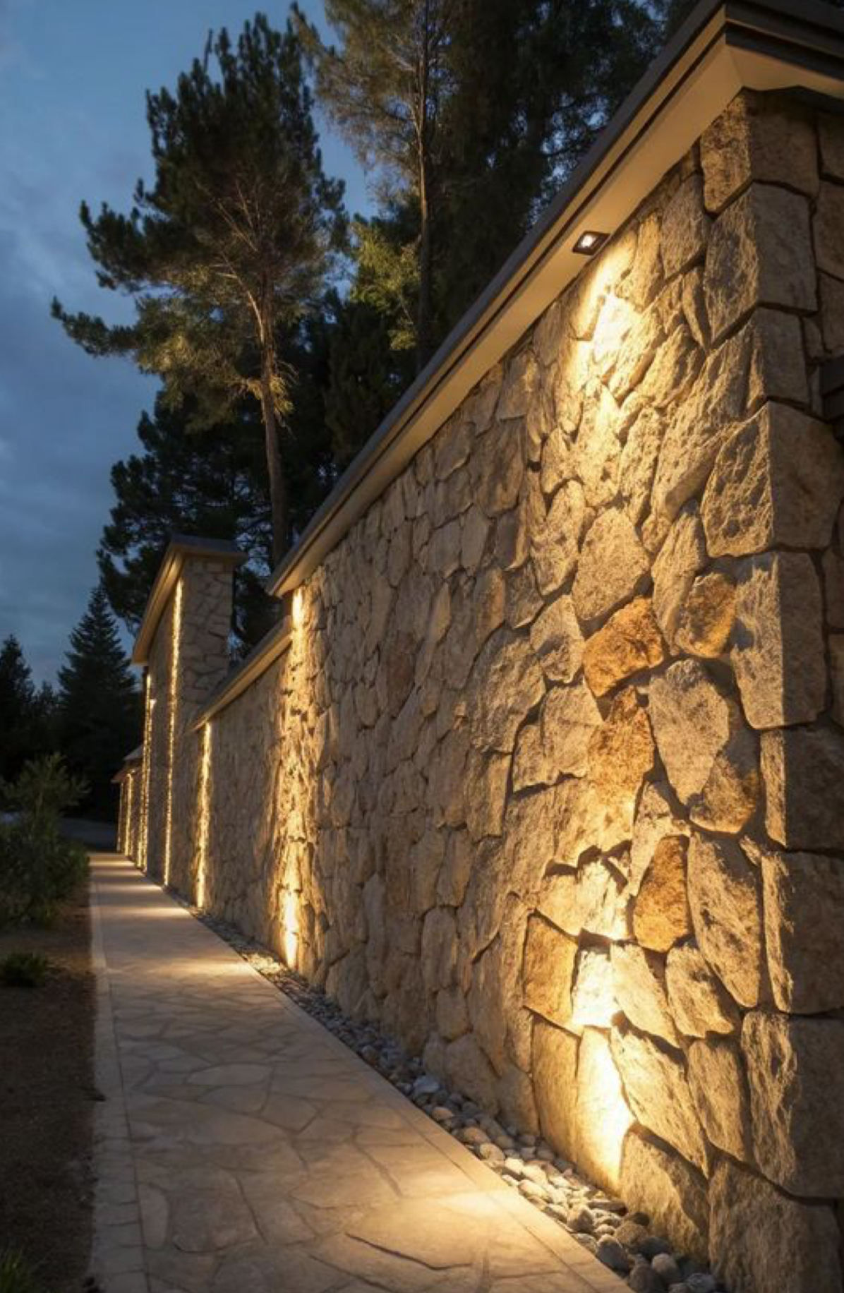 Muratura in pietra naturale con illuminazione architettonica esterna — realizzazione Maison Turquoise Costruzioni